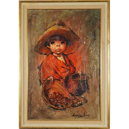 60 - Barry Leighton-Jones - Portrait of a crying young boy, oil on board, mounted and framed, 75cm x 50cm... 