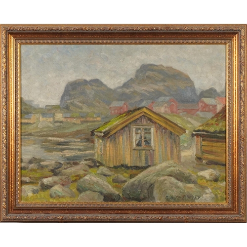 151 - Robert R 1917 - Continental outbuildings, Impressionist oil on canvas, framed, 55cm x 42cm excluding... 