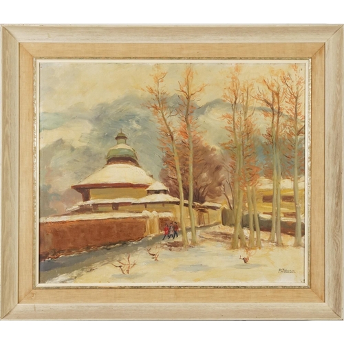 243 - P Johnson - Shah's Palace, Teheran, oil on canvas, inscribed label verso, mounted and framed, 60cm x... 