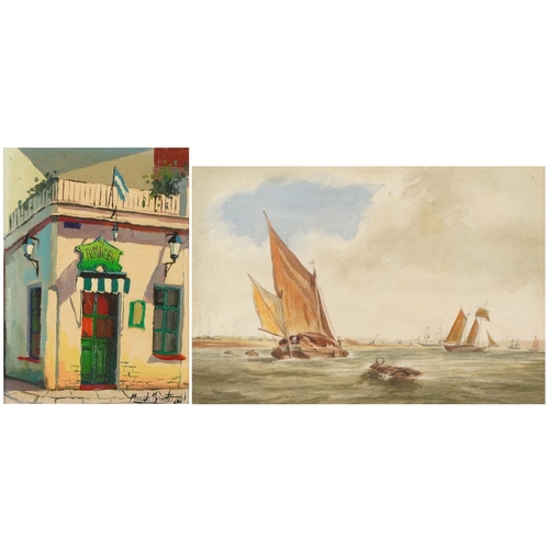 1207 - Spanish street scene, oil on board and watercolour of boats at sea, each mounted and framed, one gla... 