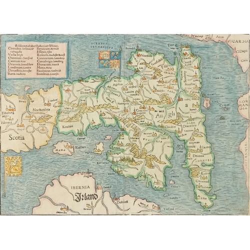 801 - 16th century German hand coloured Munster's map of Scotland, England and Ireland, framed and glazed,... 
