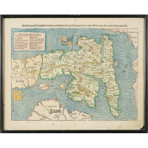 801 - 16th century German hand coloured Munster's map of Scotland, England and Ireland, framed and glazed,... 