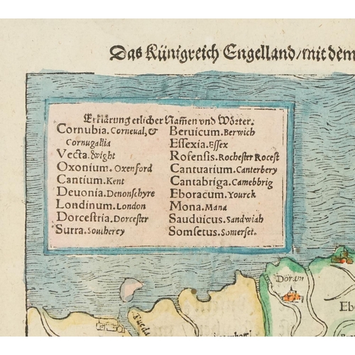 801 - 16th century German hand coloured Munster's map of Scotland, England and Ireland, framed and glazed,... 