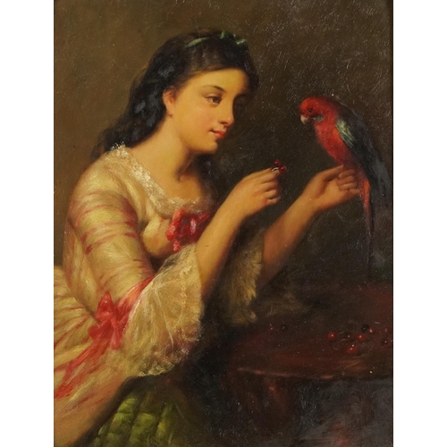 482 - After Edward John Poynter - Girl with her pet parrot, oleograph, framed, 24cm x 19cm excluding the f... 