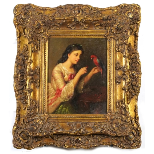 482 - After Edward John Poynter - Girl with her pet parrot, oleograph, framed, 24cm x 19cm excluding the f... 