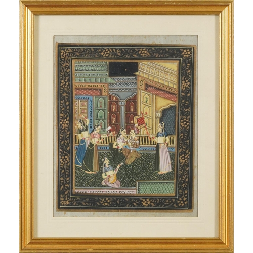 423 - Deities on a balcony, Indian Mughal school watercolour on silk, mounted, framed and glazed, 24cm x 1... 