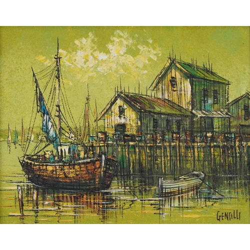 483 - Gentilli - Moored fishing boats, French Impressionist oil on canvas, mounted and framed, 24cm x 19cm... 