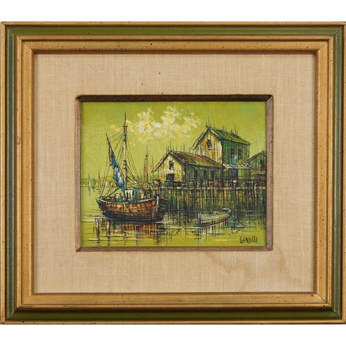 483 - Gentilli - Moored fishing boats, French Impressionist oil on canvas, mounted and framed, 24cm x 19cm... 