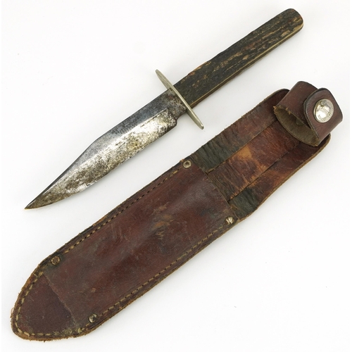 1268 - Early 20th century horn handled hunting knife with leather sheath and steel blade engraved George Bu... 