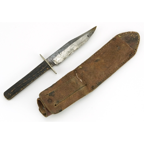 1268 - Early 20th century horn handled hunting knife with leather sheath and steel blade engraved George Bu... 