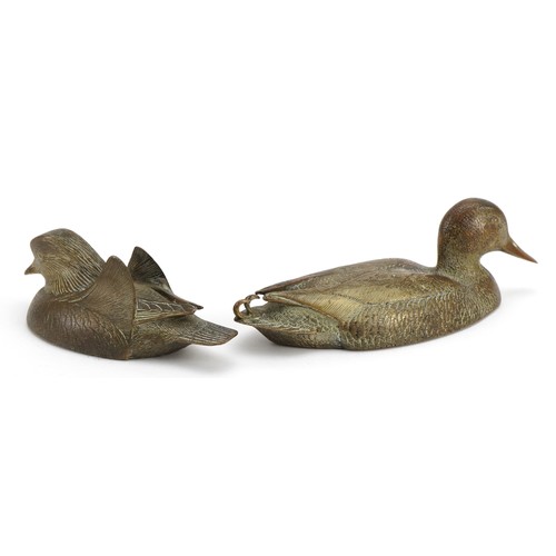 104 - Val Bennett, two 1980s patinated bronze ducks comprising Mallard and Mandarin, each with engraved pl... 