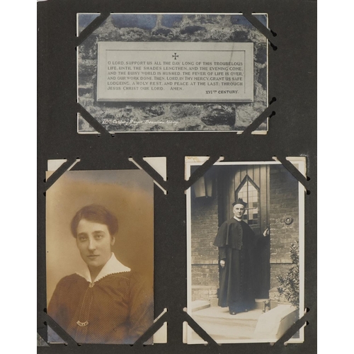 777 - Topographical and social history postcards arranged in an album including street scenes and portrait... 