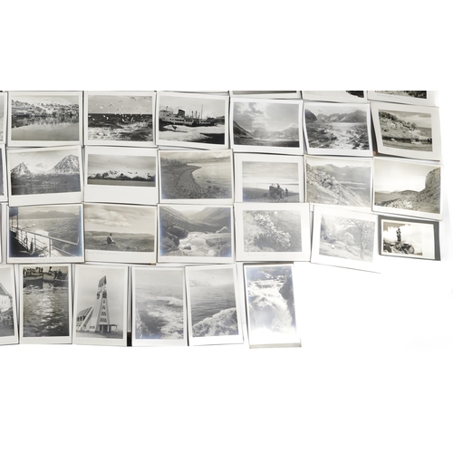 779 - Collection of black and white topographical photographs with annotations including Lochranza Castle,... 