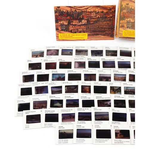 827 - Tour of The Holy Land a hundred coloured glass slides with tape commentary and box, 18.5cm wide