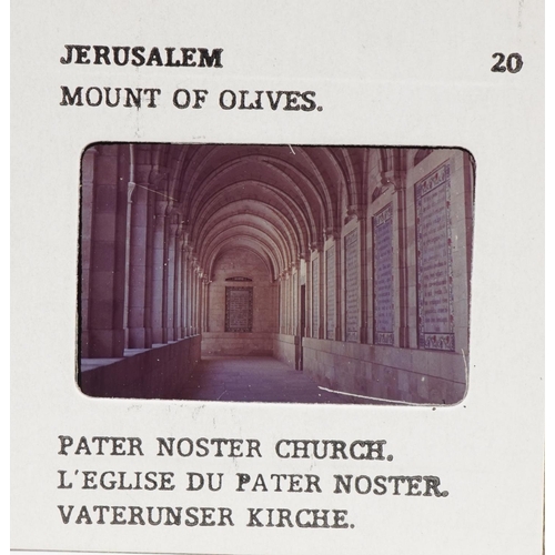 827 - Tour of The Holy Land a hundred coloured glass slides with tape commentary and box, 18.5cm wide