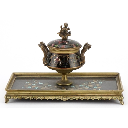 277 - 19th century ornate brass pietra dura and cloisonne desk inkwell with glass liner finely inlaid and ... 