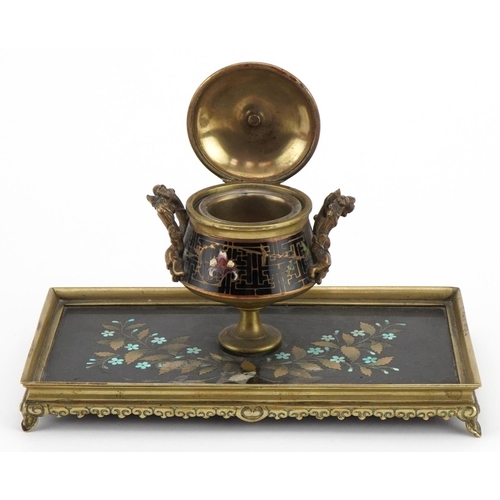 277 - 19th century ornate brass pietra dura and cloisonne desk inkwell with glass liner finely inlaid and ... 