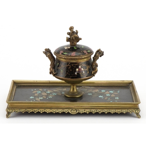 277 - 19th century ornate brass pietra dura and cloisonne desk inkwell with glass liner finely inlaid and ... 