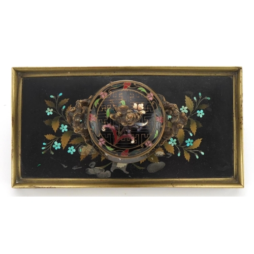 277 - 19th century ornate brass pietra dura and cloisonne desk inkwell with glass liner finely inlaid and ... 