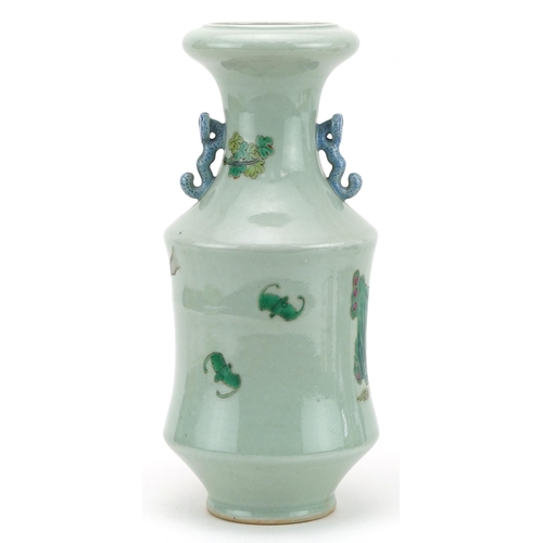 441 - Chinese Canton celadon glazed vase with ruyi handles hand painted in the famille rose palette with t... 