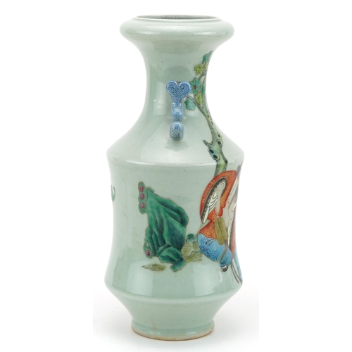 441 - Chinese Canton celadon glazed vase with ruyi handles hand painted in the famille rose palette with t... 