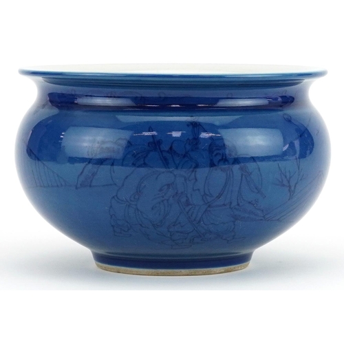 603 - Chinese porcelain powder blue ground censer hand painted under glaze with monks in a landscape, six ... 