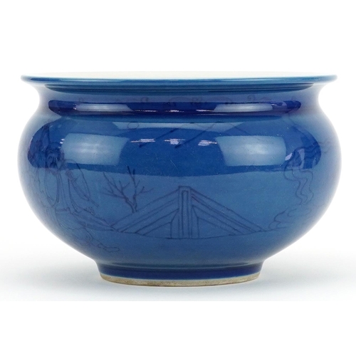 603 - Chinese porcelain powder blue ground censer hand painted under glaze with monks in a landscape, six ... 