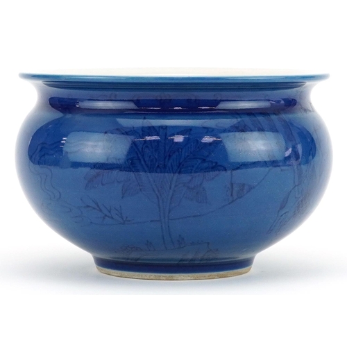 603 - Chinese porcelain powder blue ground censer hand painted under glaze with monks in a landscape, six ... 