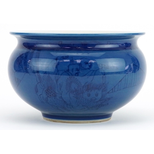603 - Chinese porcelain powder blue ground censer hand painted under glaze with monks in a landscape, six ... 