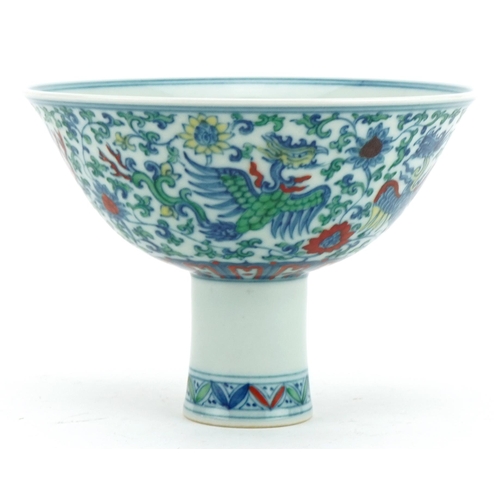 451 - Chinese doucai porcelain stem bowl hand painted with phoenixes amongst flowers, six figure character... 