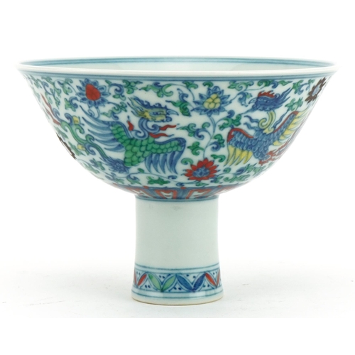 451 - Chinese doucai porcelain stem bowl hand painted with phoenixes amongst flowers, six figure character... 