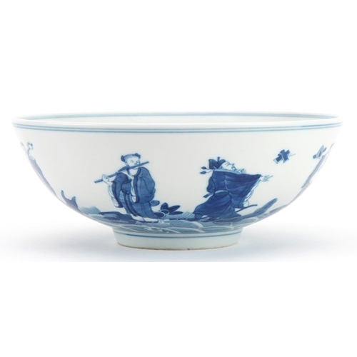 127 - Chinese porcelain footed bowl hand painted with immortals above crashing waves, six figure character... 