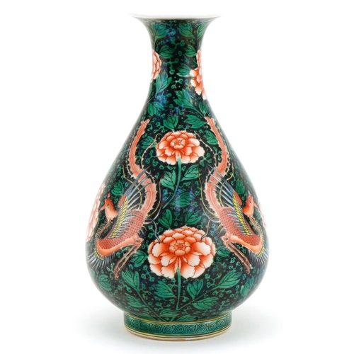 440 - Chinese porcelain vase hand painted in the famille noire palette with phoenixes amongst flowers, six... 