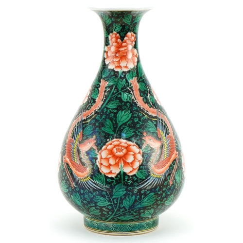 440 - Chinese porcelain vase hand painted in the famille noire palette with phoenixes amongst flowers, six... 