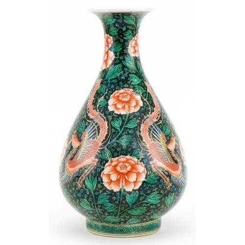 440 - Chinese porcelain vase hand painted in the famille noire palette with phoenixes amongst flowers, six... 