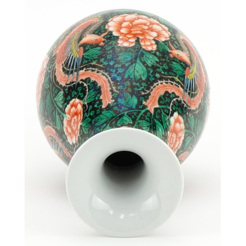 440 - Chinese porcelain vase hand painted in the famille noire palette with phoenixes amongst flowers, six... 