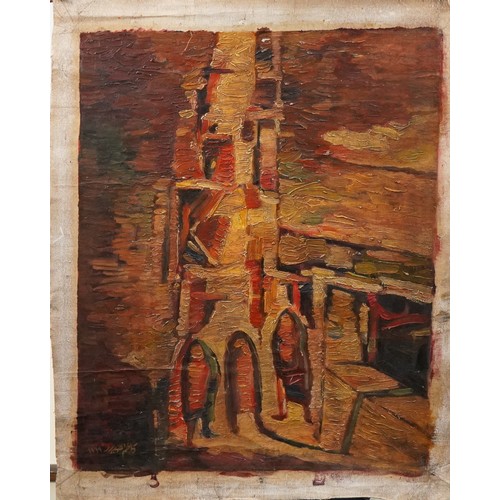 235A - Kadhim Hayder 1979 - Abstract composition, three figures before buildings, Islamic oil on unstretche... 