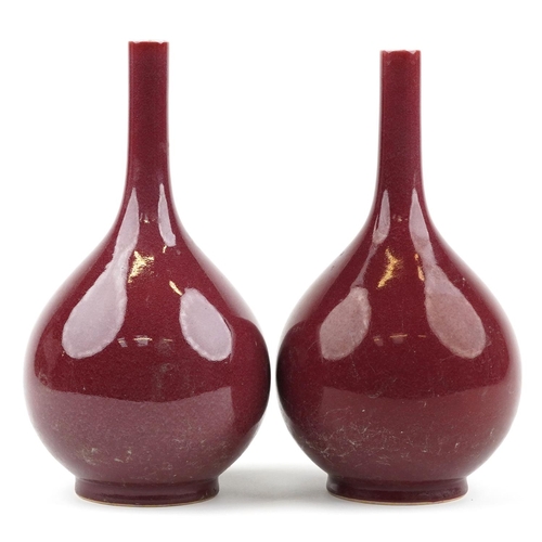 527 - Pair of Chinese porcelain long neck bottle vases having sang de boeuf glazes, each 34cm high