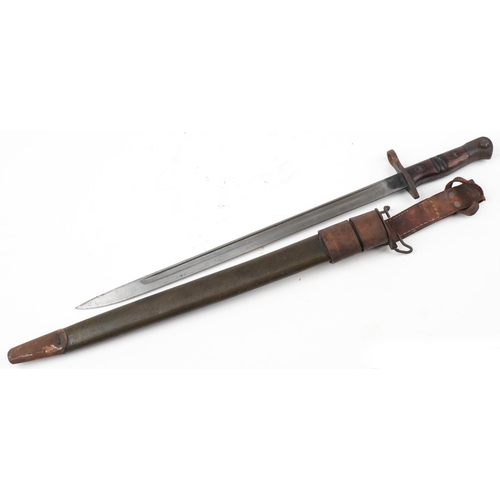 1267 - British military World War I Remington 1913 pattern bayonet with scabbard and leather frog, 59cm in ... 