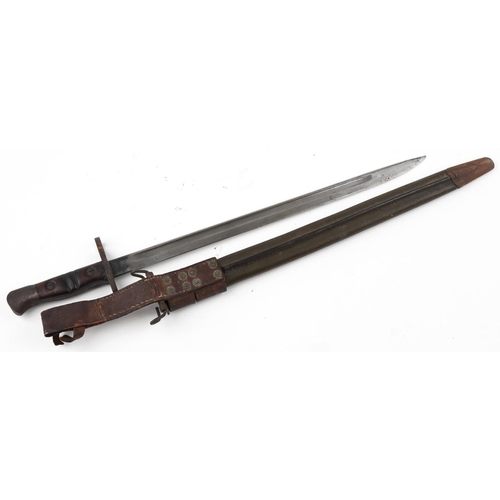 1267 - British military World War I Remington 1913 pattern bayonet with scabbard and leather frog, 59cm in ... 