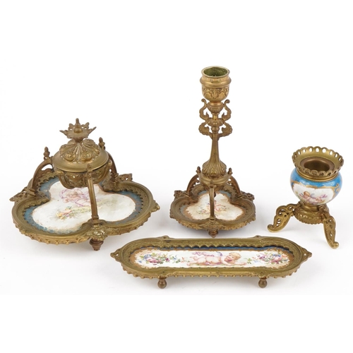 67 - 19th century ormolu mounted dressing table items with Sevres type panels hand painted with Putti and... 