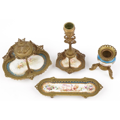 67 - 19th century ormolu mounted dressing table items with Sevres type panels hand painted with Putti and... 