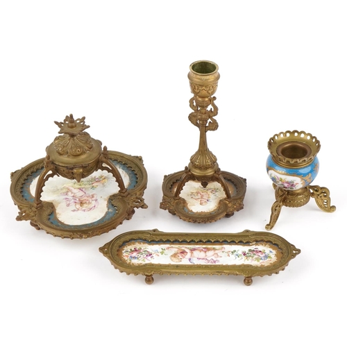 67 - 19th century ormolu mounted dressing table items with Sevres type panels hand painted with Putti and... 