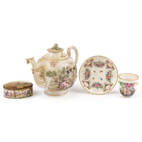 69 - Italian porcelain including teapot impressed Ginori to the base and oval casket, the largest 26cm in... 