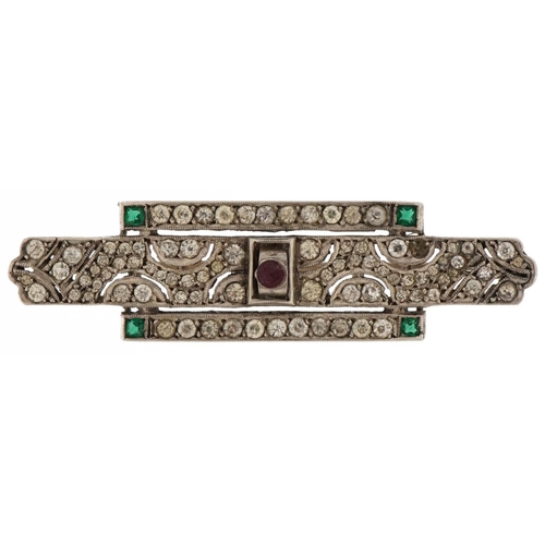 3226 - Art Deco silver brooch set with clear, green and purple stones, 5.5cm in length