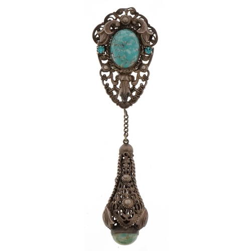 3191 - Indian white metal turquoise brooch set with blue stones, 10cm high, 13.6g