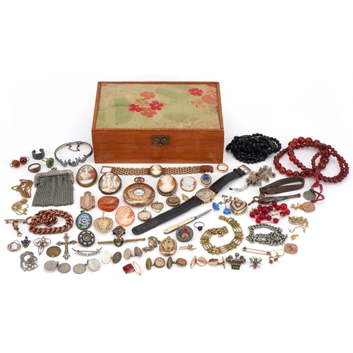 3811 - Large collection of antique and later jewellery and a gold plated half hunter pocket watch, includin... 