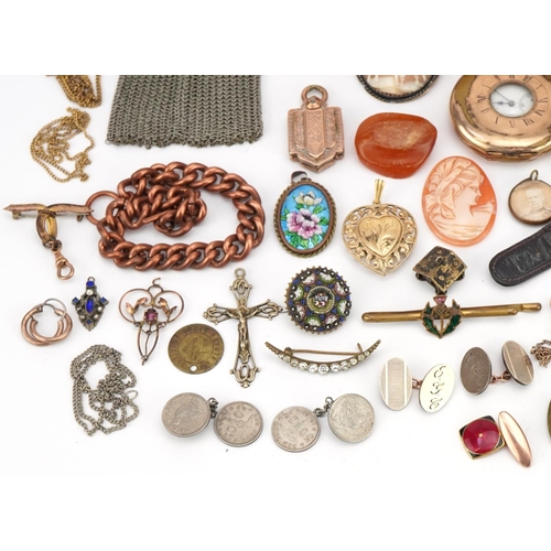 3811 - Large collection of antique and later jewellery and a gold plated half hunter pocket watch, includin... 