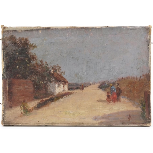 149 - Continental figures on a path beside a cottage, impressionist oil on canvas, monogrammed, unframed, ... 