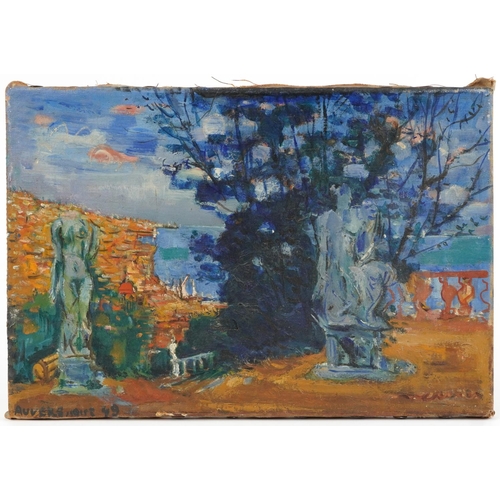 150 - French Rivera coastal scene with statues, oil on canvas, Auvers, Aout 49, unframed, 35cm x 23.5cm